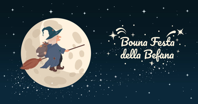 Old Witch Befana tradition Christmas Epiphany character in Italy flying on broomstick against moon. Bouna festa della befana greeting card, template