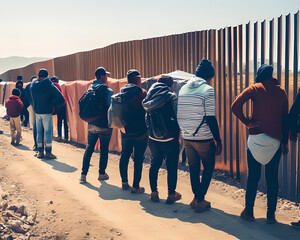 A group of people observing the border wall, Migration, Border,