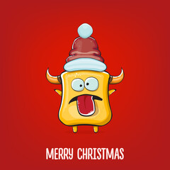 Vector cartoon funky orange monster with Santa Claus red hat isolated on red background. Funny and cute Childrens Merry Christmas greeting card with funny orange monster elf Santa Claus character.