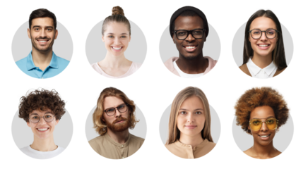 Collage of portraits and faces of group of diverse young people for profile picture