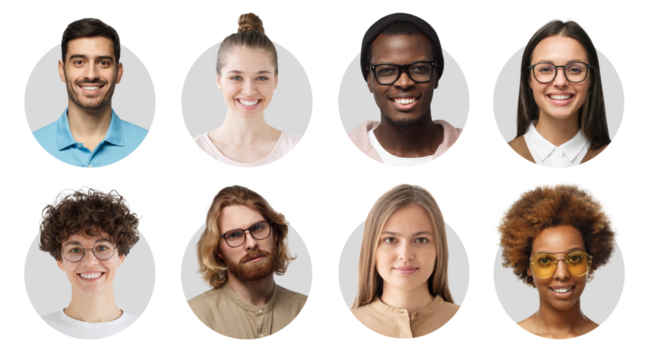 Collage of portraits and faces of group of diverse young people for profile picture