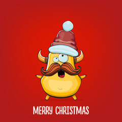 Vector cartoon funky orange monster with Santa Claus red hat isolated on red background. Funny and cute Childrens Merry Christmas greeting card with funny orange monster elf Santa Claus character.