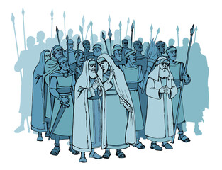 Old Pharisee Priest with army. Vector drawing
