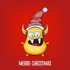 Vector cartoon funky orange monster with Santa Claus red hat isolated on red background. Funny and cute Childrens Merry Christmas greeting card with funny orange monster elf Santa Claus character.