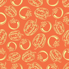 Vegetables that will decorate any dish and give an amazing taste, vegetables, vector, illustration, bell pepper, tomato, seamles pattern, contour, background