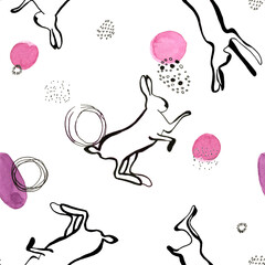 Black Rabbits pattern dotted doodle with watercolor pink circles.