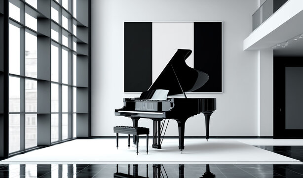 Abstract art. Colorful painting art of a grand piano in a modern interior. Background illustration. Generative AI.