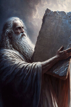 Moses receiving the Ten Commandments. Generative AI, fictitious person, not based on a real person, not based on a real model