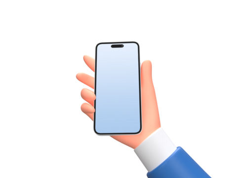 3D Hand holding android and iPhone Smartphone mobile with blank screen isolated on white background with copy space for mockup and UI. 3D Rendered Illustration.