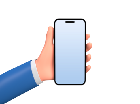 3D Hand holding iphone and android Smartphone mobile with blank screen isolated on white background with copy space for mockup and UI. 3D Rendered Illustration. - Powered by Adobe