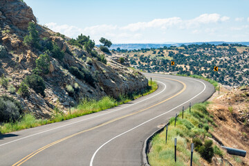 Winding curvy highway 12 scenic road byway in Calf Creek Recreational Area and Grand Staircase Escalante National Monument in Utah