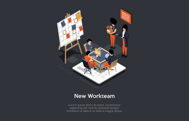 Concept Of Creative Teamwork. Work Team Members Is Working On New Project In The Office. Boss Introduces New Employee To Collegaues. Business People Working Together. Isometric 3d Vector Illustration