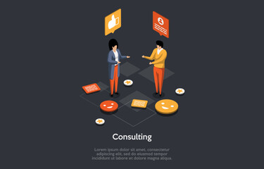 Business Consultant, Advisor or Expertise, Online Presentation, Strategy and Analysis Concept, Woman Consultant Advises Client And Helping To Solve Problems. Isometric 3d Cartoon Vector Illustration