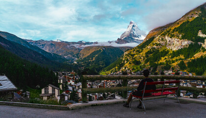 Zermatt Matterhorn viewpoin in the morning. Scenic spot in Zermatt. The Viewpoint Le Petit Village...