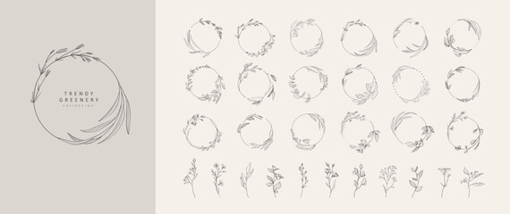 Set of floral desogn elements. Wreath borders branch and minimalist flowers. Hand drawn line wedding herb, elegant leaves for invitation save the date card. Botanical rustic trendy