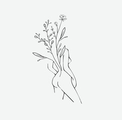 Concept art of blossom beauty. Elegant linear woman with floral branch and wildflowers. Minimalistic female figure and face. Vector art of femininity and beauty for logo or wall art. Botanical