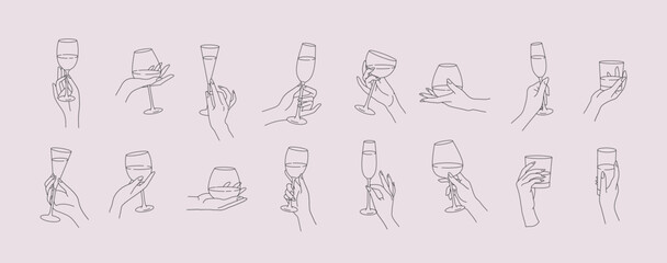 Collection of different woman hands gestures hold wineglass or drink cocktails. Minimal linear trendy style. Line icons or symbol of female hand for logo in restaurant or bar. Vector