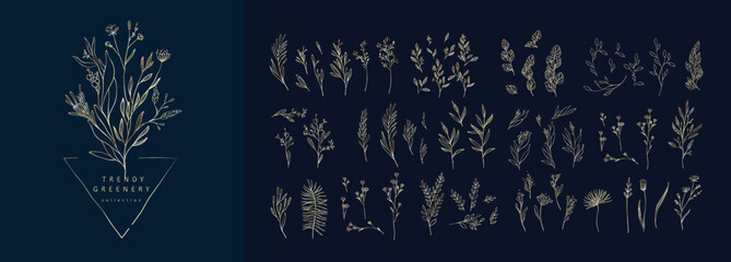 Floral branch and minimalist flowers for logo or tattoo. Hand drawn line wedding herb, elegant leaves for invitation save the date card. Botanical rustic trendy greenery © merfin