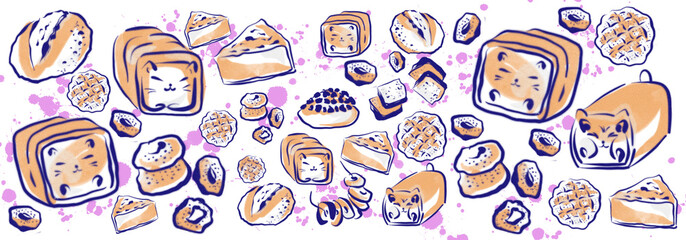 Funny bread shaped cats asian Japanese Korean style. Watercolour illustration, wallpaper.