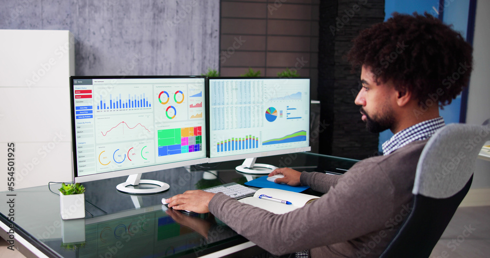 Poster african data analyst man using spreadsheet