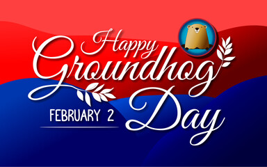 Happy Groundhog Day. Hand drawn lettering text with groundhog logo. 2 February. Vector illustration. with the theme of the colors of the United States flag