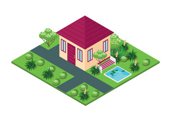 Small isometric house on a white background.Real estate sale and rent. Colorful image of a private house with a swimming pool.