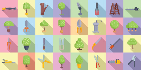 Tree trimming icons set flat vector. Chainsaw tree. Work forest