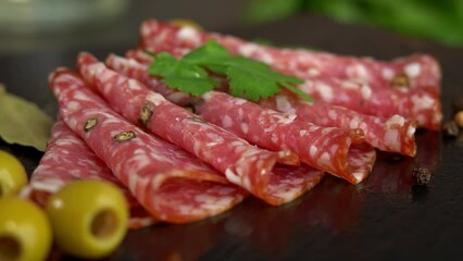 Fresh slices smoked sausage with spices and seasonings rotate on stone cutting board with olives. Cold cuts. Meat. Food