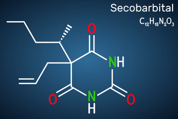 Secobarbital molecule. Barbiturate drug with anaesthetic, anticonvulsant, sedative, hypnotic properties for treatment of insomnia. Structural chemical formula on the dark blue background