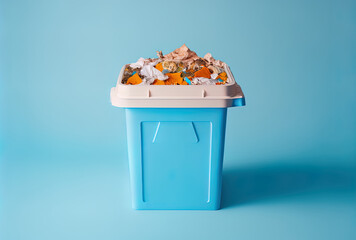 Vegetable peels in a white compost container against a blue backdrop. Composting trash bin with leftovers from the kitchen on a blue backdrop. looking up. Concept of recycling scarves. Zero waste and
