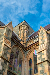 St. John's, Newfoundland, Canada-January 2023: The exterior of the Cathedral of St. John the Baptist a stone church of Gothic Revival architecture. 