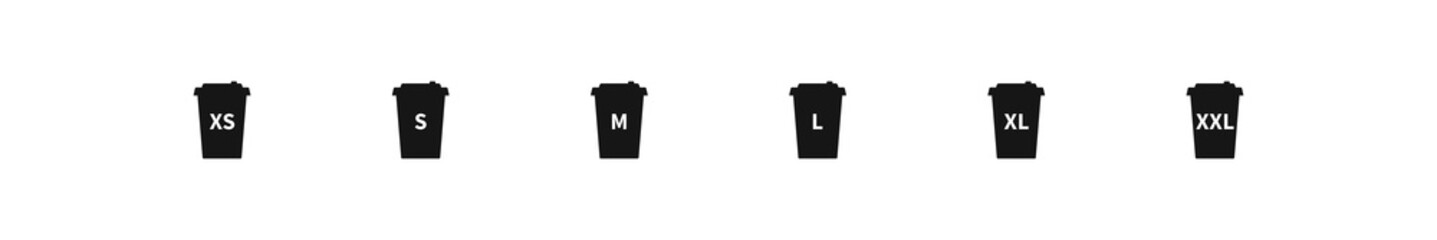 Coffee cup size icon. Small, medium, large paper mug tea signs. Drink sizes symbol. Teacup icons. Black color. Vector sign.