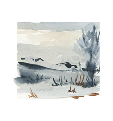 Watercolor winter realistic landscape. Nature illustration.