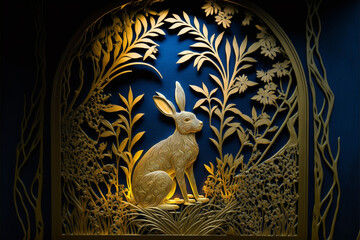 Happy chinese new year 2023 year of the rabbit zodiac sign with flower,lantern,asian elements gold blue paper cut style on color Background.generative ai.