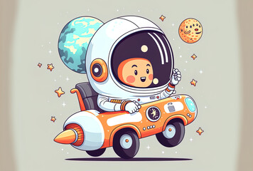 Cartoon symbol of a cute astronaut driving a car. scientific symbol for transportation concept, isolated. cartoonishly flat. Generative AI - obrazy, fototapety, plakaty