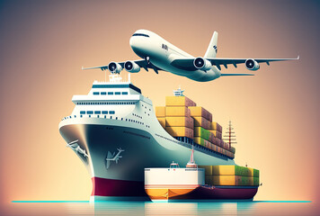 Obraz na płótnie Canvas Illustration of container cargo ship and cargo aircraft transportation and logistics. Generative AI
