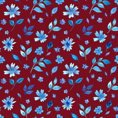 Watercolour blue flowers seamless pattern, hand drawn illustration. Floral on burgundy background.