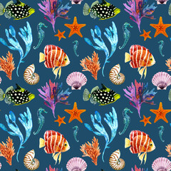 Fototapeta na wymiar Seamless pattern of a marine, tropical theme. Seahorse, starfish, shells, corals, algae, fishes. Watercolor hand drawn illustration. For decoration and design.