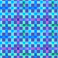 Watercolor seamless checkered pattern. Strokes texture plaid. Hand painted stripe on lilac background.