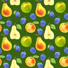 Beautiful seamless pattern with hand drawn watercolours pear, apple, plum and peach. On green background. Illustration with fruits.