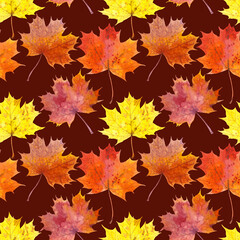 Seamless pattern of hand-drawn watercolour maple leaves on a brownish red background. Autumn Illustration for fabric, sketchbook, wallpaper, wrapping paper.