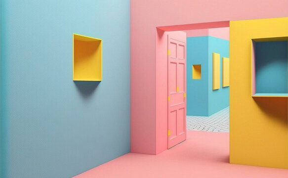 Unbearable creativity of emptiness of a room with open door and endless corridor of yellow, blue and pastel pink aesthetic
