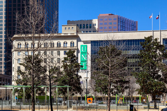 Dallas, Texas,  USA - March 20, 2022: UNT (University of North Texas) System headquarters in Dallas. The University of North Texas System is a public university system. 
