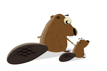 funny cartoon illustration with father and child beaver - obrazy, fototapety, plakaty