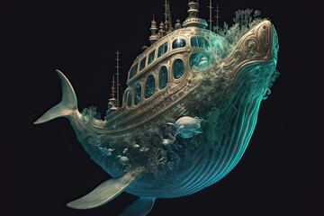 Nautilus ship in the deep sea, fantasy scene. Generative ai. 