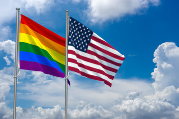 Gay Pride Flag and United States Flag over Blue Sky Background. 3D Illustration
