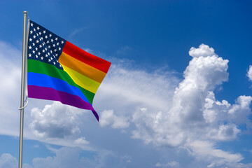 Rainbow Colors United States Flag over Blue Sky Background. 3D Illustration