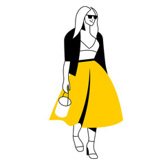 vector flat design trendy linear illustration beautiful stylish woman in long midi skirt. street style, fashion. useful for web, graphic design, print, clothing stores, postcard, poster. 2d people.