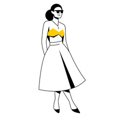 vector flat design trendy linear illustration beautiful stylish woman in long midi skirt. street style, fashion. useful for web, graphic design, print, clothing stores, postcard, poster. 2d people.