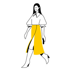 vector flat design trendy linear illustration beautiful stylish woman in long midi skirt. street style, fashion. useful for web, graphic design, print, clothing stores, postcard, poster. 2d people.